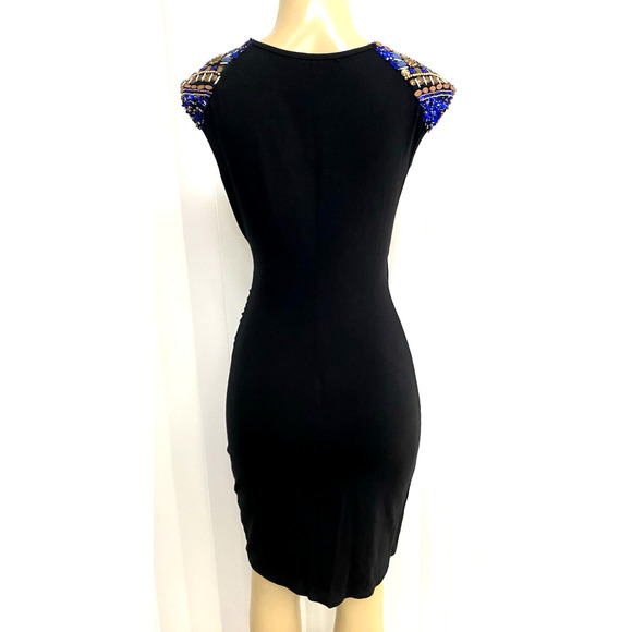 Cache Dress Sheath Cap Sleeve Surplice V neck Black Beaded Embellished Ruched M - Picture 3 of 6